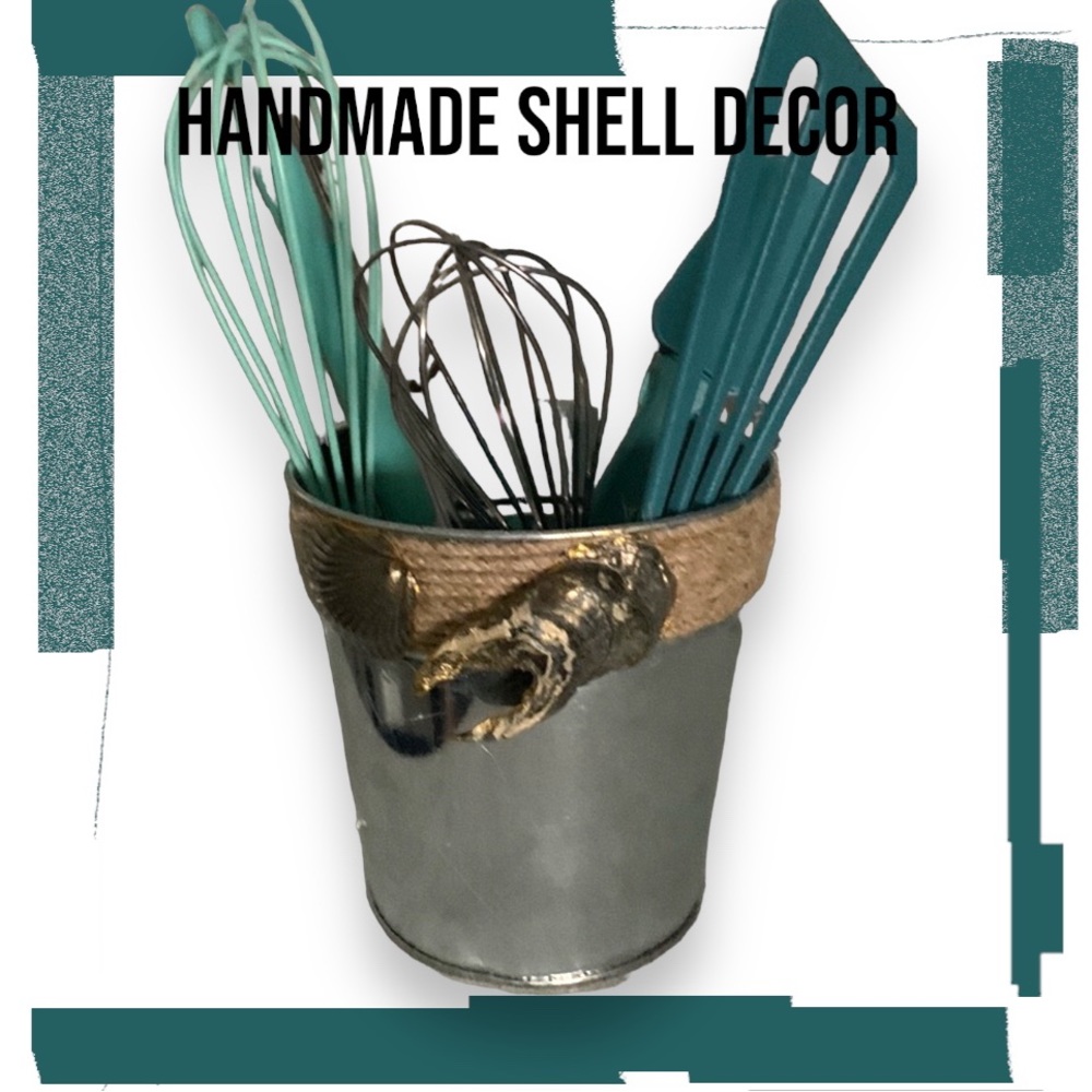 Utensil Holder - Silver with Gute wrapped around the top with Shell Accents